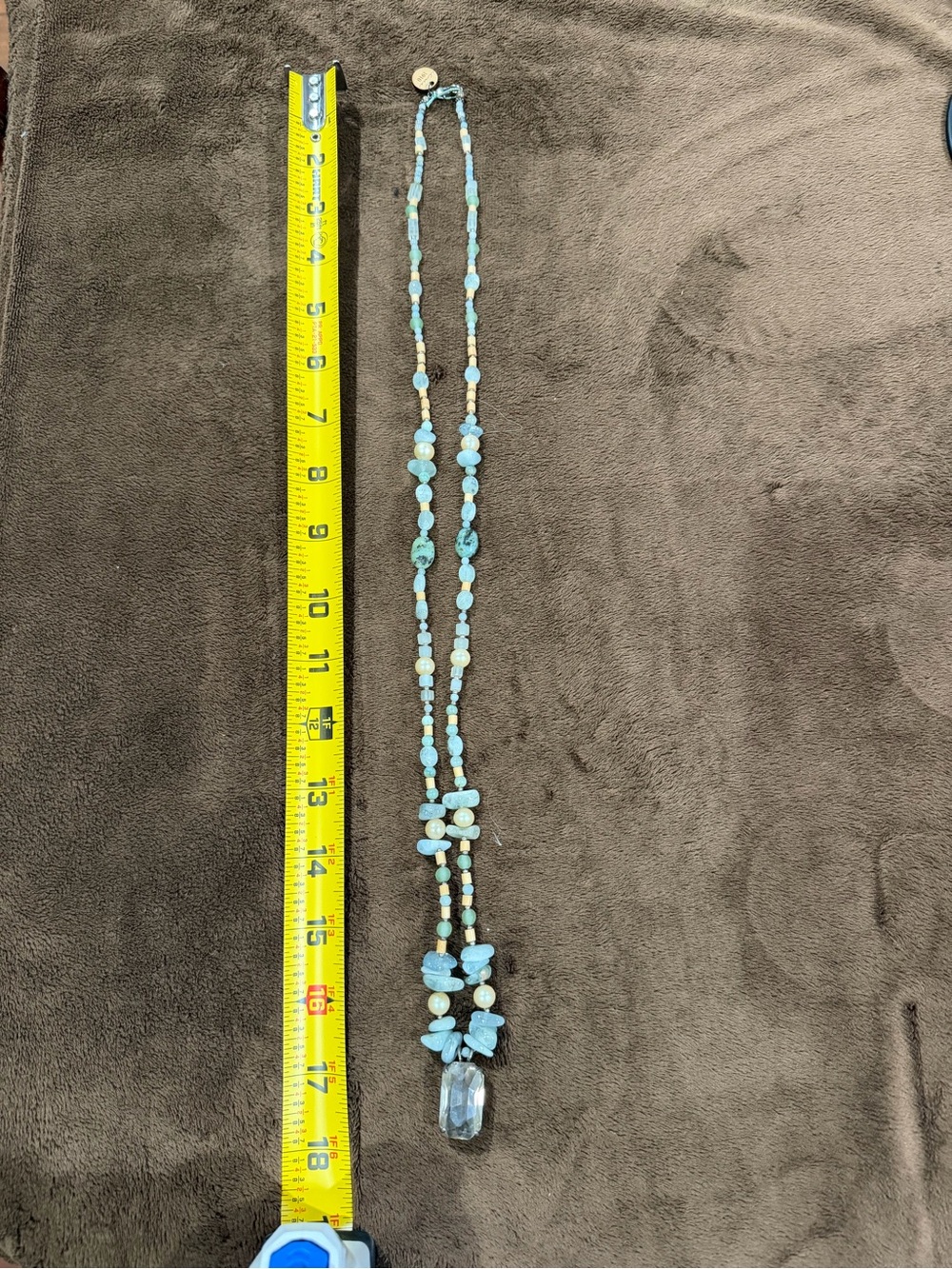 Light Blue Beaded Pendant Necklace with Faceted Crystal Drop